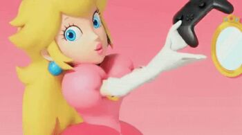 3d animated animated_gif blonde_hair blue_eyes controller dress earrings game_controller gem gloves jewelry lips long_hair lowres mario_(series) mirror nintendo nintendo_switch_pro_controller princess_peach puffy_short_sleeves puffy_sleeves short_sleeves super_mario_bros._1 white_gloves