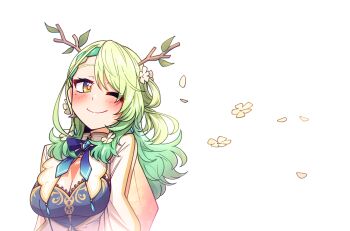 1girl ;) antlers blue_bow blue_bowtie blush bow bowtie braid braided_bangs breasts ceres_fauna ceres_fauna_(1st_costume) cleavage commentary ddolbang dress english_commentary flower green_hair hair_flower hair_ornament highres hololive hololive_english horns long_hair medium_breasts mole mole_under_eye one_eye_closed smile solo tree_horns upper_body virtual_youtuber white_background yellow_eyes