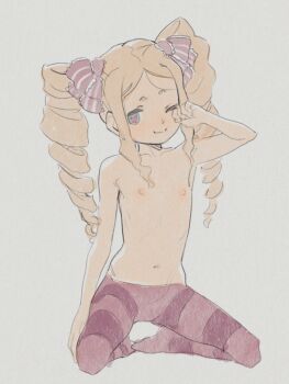 1girl beatrice_(re:zero) blonde_hair blue_eyes breasts butterchalk closed_mouth female_focus flat_chest loli long_hair nipples pantyhose ponytail purple_pantyhose re:zero_kara_hajimeru_isekai_seikatsu small_breasts smile source_request striped_clothes striped_pantyhose topless_female white_background