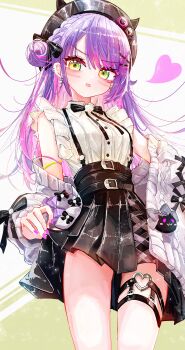 1girl a1u absurdres black_skirt blush colored_inner_hair commentary_request ear_piercing fake_horns green_eyes hair_bun hair_ornament hat heart heart_o-ring highres hololive horned_headwear horns jirai_kei long_hair looking_at_viewer multicolored_hair o-ring o-ring_thigh_strap official_alternate_costume piercing pink_hair purple_hair revision shirt single_side_bun skirt solo suspender_skirt suspenders thigh_strap tokoyami_towa tokoyami_towa_(jirai_kei) virtual_youtuber white_shirt