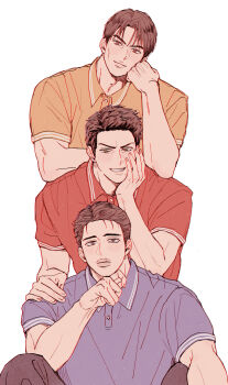3boys aelttvv alternate_hairstyle arm_rest arm_up black_eyes black_hair fukatsu_kazunari hand_rest highres human_stacking leaning_on_person looking_at_viewer male_focus matsumoto_minoru mitsui_hisashi multiple_boys scar scar_on_chin scar_on_face short_hair simple_background slam_dunk_(series) smile upper_body white_background