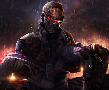 Rule 34 | 1boy, 1girl, blood, carrying, d.va (overwatch), death, fire, highres, overwatch, overwatch 1, soldier: 76 (overwatch), visor