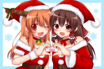 Rule 34 | 2girls, :d, akikann111, alternate costume, bell, blue background, bow, brown hair, brown horns, choker, christmas, commentary, cookie (touhou), dress, fur-trimmed dress, fur trim, hair tubes, hakurei reimu, hat, heart, heart hands, heart hands duo, highres, horn bow, horn ornament, horns, ibuki suika, kanna (cookie), long hair, long sleeves, looking at viewer, multiple girls, neck bell, open mouth, orange eyes, orange hair, pom pom (clothes), red bow, red choker, red dress, red eyes, red hat, santa costume, santa hat, short sleeves, smile, snowflakes, touhou, two-tone background, upper body, white background, yamin (cookie)