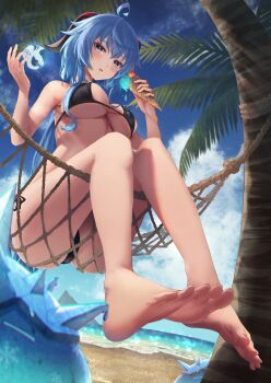 1girl absurdres ahoge alternate_eye_color amane_sora barefoot beach bikini black_bikini blue_hair blue_sky blush breasts cloud cryokinesis day feet food foot_focus foreshortening from_below full_body ganyu_(genshin_impact) genshin_impact goat_horns grey_eyes hammock hands_up highres holding holding_food horns ice ice_cream ice_cream_cone large_breasts long_hair looking_at_viewer looking_down open_hand outdoors palm_tree parted_lips rope sand side-tie_bikini_bottom sitting sky slime_(genshin_impact) soles solo_focus sweat swimsuit thighs toes tree underboob very_long_hair