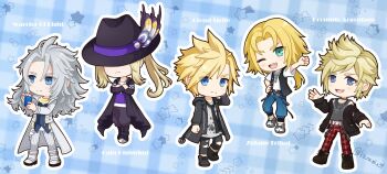 5boys absurdres aqua_eyes black_boots black_coat black_hat black_necktie black_pants black_vest blonde_hair blue_background blue_eyes blue_pants boots cain_highwind character_name chibi chibi_only closed_mouth cloud_strife cloud_strife_(urban_wolf) coat commentary_request crossed_arms dissidia_duellum_final_fantasy dissidia_final_fantasy fedora final_fantasy final_fantasy_i final_fantasy_iv final_fantasy_ix final_fantasy_vii final_fantasy_xv grey_coat grey_hair hand_in_own_hair hand_up hat hat_feather hat_over_eyes highres ku_ru_mi_n39 long_coat long_hair loose_necktie low_ponytail male_focus multiple_boys necktie off-shoulder_jacket off_shoulder official_alternate_costume one_eye_closed open_mouth pants parted_bangs plaid_background plaid_clothes plaid_pants ponytail print_shirt prompto_argentum purple_shirt red_pants scarf shirt short_hair smile spiked_hair striped_clothes striped_pants t-shirt torn_clothes torn_pants twitter_username vest warrior_of_light_(ff1) white_boots white_shirt yellow_scarf zidane_tribal