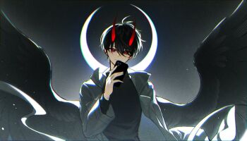 1boy backlighting black_hair black_shirt black_wings coat commentary crescent demon_horns elzfbrvsnr30247 english_commentary feathered_wings hand_up head_tilt holding holding_phone horns kim_dokja looking_at_viewer male_focus moon_behind_head official_alternate_costume omniscient_reader&#039;s_viewpoint open_clothes open_coat phone red_eyes shirt short_hair smile solo upper_body white_coat wings