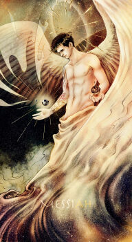 1boy argentina arm_tattoo ball black_hair character_name closed_mouth crown feathered_wings highres ling99 lionel_messi real_life short_hair smile soccer soccer_ball solo tattoo topless_male what wings