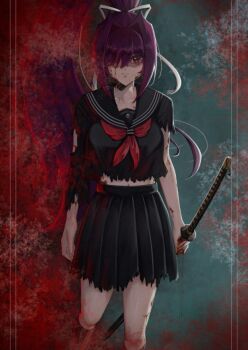 1girl black_shirt black_skirt blood breasts collarbone hair_over_one_eye halloween highres holding holding_sword holding_weapon katana neckerchief pleated_skirt ponii purple_hair red_neckerchief shirt skirt solo sword torn_clothes torn_shirt torn_skirt under_night_in-birth weapon yuzuriha_(under_night_in-birth)