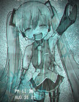 1girl ^_^ amputee android arm_up bags_under_eyes blood blood_from_mouth blue_theme blush closed_eyes collared_shirt cowboy_shot damaged dated detached_sleeves facing_viewer hair_ornament hatsune_miku headset long_hair mechabare miniskirt missing_limb monochrome necktie open_mouth pleated_skirt raised_eyebrows scanlines shirt single_detached_sleeve skirt sleeveless sleeveless_shirt smile solo static sweat torn_clothes torn_necktie twintails very_long_hair vocaloid waving wire yasashii_naizou