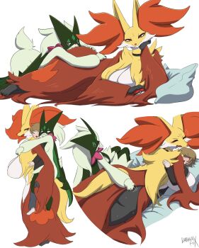 1boy 2girls absurdres ass breasts carrying carrying_person cuddling darakafox delphox furry furry_female furry_with_non-furry gen_6_pokemon gen_9_pokemon girl_sandwich grabbing_another&#039;s_ass groping highres huge_breasts interspecies meowscarada multiple_girls nintendo piggyback pillow pinned poke_ball poke_ball_(basic) pokemon pokemon_(creature) pokephilia sandwiched smile