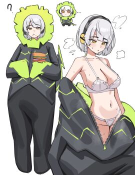 1girl ? absurdres alternate_costume anby_demara blando bra breasts burger chibi cleavage commentary english_commentary ethereal_(zenless_zone_zero) food headphones highres holding holding_burger holding_food large_breasts midriff multiple_views navel orange_eyes panties short_hair simple_background underwear undressing white_background white_bra white_hair white_panties zenless_zone_zero