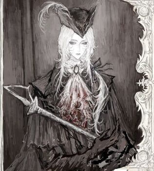 1girl ascot blood blood_stain bloodborne border brooch cape coat gem grey_eyes hashtag-only_commentary hat hat_feather highres holding holding_weapon jewelry kirkkafrr lady_maria_of_the_astral_clocktower long_hair looking_at_viewer ornate_border pale_skin rakuyo_(bloodborne) sidelocks sitting solo tricorne upper_body weapon white_hair