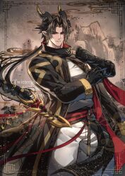 Rule 34 | 1boy, arknights, artist name, black coat, brown background, brown hair, chong yue (arknights), clenched hands, closed mouth, coat, cowboy shot, dragon boy, dragon horns, dragon tail, earrings, hands up, hashtag-only commentary, high collar, highres, horns, jewelry, kurosaki sasori, long hair, long sleeves, looking at viewer, low ponytail, male focus, pointy ears, red eyes, ribbon, single sleeve, solo, tail, tail ornament, tail ribbon, twitter username, very long tail, watermark, wide sleeves