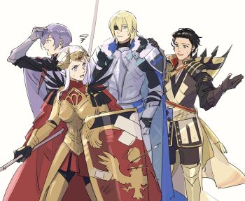 1boy 1girl 3boys armor blonde_hair brown_hair claude_von_riegan claude_von_riegan_(almyra&#039;s_king) claude_von_riegan_(timeskip) dimitri_alexandre_blaiddyd dimitri_alexandre_blaiddyd_(king_of_faerghus) dimitri_alexandre_blaiddyd_(timeskip) edelgard_von_hresvelg edelgard_von_hresvelg_(adrestian_emperor) edelgard_von_hresvelg_(timeskip) eyepatch fake_horns fire_emblem fire_emblem:_three_houses fire_emblem_warriors:_three_hopes friends full_armor headpiece high_collar highres holding holding_polearm holding_shield holding_weapon horns looking_to_the_side multiple_boys nanao_parakeet nintendo open_mouth polearm purple_eyes purple_hair shield short_hair simple_background standing sweatdrop upper_body weapon white_hair yuri_leclerc