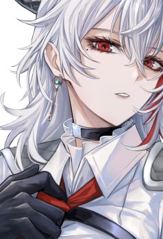 1girl black_choker black_gloves choker collared_shirt commentary earrings gloves grey_hair hair_between_eyes highres jewelry key_earrings long_hair looking_at_viewer mole mole_under_eye multicolored_hair necktie parted_lips portrait red_eyes red_necktie shirt simple_background solo streaked_hair unfinished white_background white_shirt wuthering_waves yoru_shiki zani_(wuthering_waves)