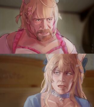 1boy 1girl animal_ears beard blonde_hair blue_hair blue_jacket breaking_bad commentary cosplay detached_collar dog_ears english_commentary facial_hair frilled_shirt frills fuwawa_abyssgard fuwawa_abyssgard_(casual) fuwawa_abyssgard_(cosplay) goatee grey_eyes hair_ornament highres hololive hololive_english indoors jacket mococo_abyssgard mococo_abyssgard_(casual) mococo_abyssgard_(cosplay) multicolored_hair pink_eyes pink_hair scene_reference shirt skyler_white sobbi11 streaked_hair twitter_username virtual_youtuber walter_white white_shirt x_hair_ornament