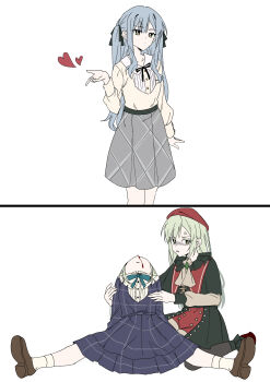 3girls absurdres anger_vein bang_dream! bang_dream!_it&#039;s_mygo!!!!! black_ribbon blood blue_dress blue_hair brown_shoes commentary dress dual_persona english_commentary frieren_blowing_a_kiss green_hair grey_skirt hair_ribbon hat highres long_hair mortis_(bang_dream!) mortis_(costume)_(bang_dream!) mortis_(persona)_(bang_dream!) multiple_girls nosebleed parted_lips plaid_clothes plaid_skirt pokarii_zuu red_hat ribbon shirt shoes skirt socks spread_legs two_side_up wakaba_mutsumi white_socks yellow_eyes yellow_shirt