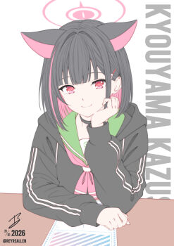 Rule 34 | 1girl, absurdres, animal ears, bilingual commentary, black choker, black hair, black hoodie, blue archive, blunt bangs, blunt ends, bob cut, cat ears, cat girl, character name, choker, clenched hands, closed mouth, colored inner animal ears, colored inner hair, commentary, dated, english commentary, envelope, extra ears, gacha (game mechanic), green sailor collar, hair behind ear, hair intakes, hair ornament, hairclip, halo, hand up, highres, hood, hood down, hoodie, kazusa (blue archive), looking at viewer, mixed-language commentary, multicolored hair, neckerchief, pink hair, pink halo, pink neckerchief, realen, red eyes, sailor collar, school uniform, serafuku, signature, simple background, sleeves past wrists, smile, solo, split mouth, two-tone hair, upper body, white background