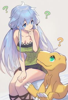 0ldd0r0thy 1girl ? agumon blue_eyes blue_hair blush breasts collarbone digimon digimon_(creature) duel_monster eria_(yu-gi-oh!) eria_the_water_charmer finger_to_own_chin green_eyes highres long_hair medium_breasts sitting skirt yu-gi-oh!
