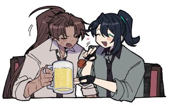 2boys ^_^ beer_mug black_hair black_necktie blush brown_hair closed_eyes collared_shirt commentary cup dark-skinned_male dark_skin fang feeding full-stop_office_(identity)_(project_moon) grey_shirt heart heathcliff_(project_moon) high_ponytail highres holding holding_cup hong_lu_(project_moon) limbus_company long_hair mug multiple_boys nantekottawo!! necktie open_mouth ponytail project_moon shirt sweat very_long_hair white_shirt