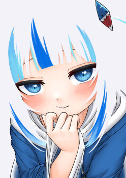1girl blending blue_eyes blue_nails blue_streaks commentary english_commentary fingernails from_above gawr_gura hair_ornament hand_on_own_chin hand_up highres hololive hololive_english long_sleeves looking_at_viewer medium_hair multicolored_hair nail_polish parted_lips shark_hair_ornament sharp_teeth simple_background solo streaked_hair superfann teeth upper_body virtual_youtuber white_background white_hair