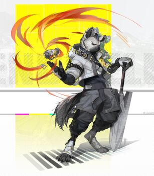 1boy absurdres arknights black_hair claws closed_mouth commentary_request ear_piercing fingerless_gloves furry furry_male gloves grey_fur grey_shirt grey_shorts highres holding holding_sword holding_weapon hyena_boy hyena_ears hyena_tail jacket looking_at_viewer male_focus multicolored_hair piercing shirt shorts spot_(arknights) streaked_hair sword tou_(o_tout0) weapon white_jacket