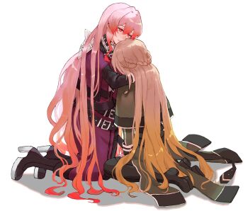 2girls black_boots boots brown_hair character_request commentary_request duel_monster exosister_martha green_jacket green_skirt highres jacket kneeling long_hair multiple_girls pink_hair purple_jacket purple_skirt simple_background skirt wen_zhi_(717256) white_background yu-gi-oh!