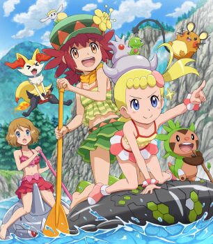3girls :d :o absurdres afloat all_fours alternate_costume animal_ear_fluff bare_arms barefoot blonde_hair blue_eyes blush bonnie_(pokemon) braixen broom broom_riding chespin closed_mouth cloud collarbone commentary_request day dedenne eyelashes flabebe flower gen_1_pokemon gen_6_pokemon green_headwear hat highres holding holding_oar innertube legendary_pokemon mairin_(pokemon) multiple_girls navel nintendo oar on_head open_mouth outdoors pointing pokemoa pokemon pokemon_(anime) pokemon_(creature) pokemon_on_head pokemon_xy_(anime) rhyhorn riding riding_pokemon river scrunchie serena_(pokemon) shirt short_hair sky sleeveless sleeveless_shirt smile split_mouth stick swim_ring swimsuit teeth toes tongue upper_teeth_only water water_drop waterfall wrist_scrunchie yellow_flower yellow_shirt zygarde zygarde_core