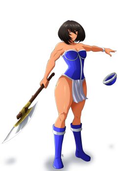 1girl amazon amazon_warrior axe black_hair breasts cleavage curvy dark-skinned_female dark_skin golden_axe unworn_headwear helmet unworn_helmet highleg highleg_leotard highres kmkz-art leotard medium_breasts muscular muscular_female pelvic_curtain sega shiny_skin short_hair smile solo thick_thighs thighs zuburokka_(golden_axe)