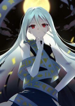 Rule 34 | 1girl, dress, eye of providence, full moon, grey hair, hair between eyes, hand on own hip, head rest, highres, long hair, long hair between eyes, maguri rei, moon, night, red eyes, sash, solo, touhou, turtleneck, turtleneck dress, yuiman asama