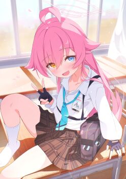 Rule 34 | 1girl, absurdres, ahoge, bag, black skirt, blue archive, blue eyes, blue necktie, blush, collared shirt, commentary, desk, fang, fingerless gloves, gloves, hair between eyes, halo, heterochromia, highres, hoshino (blue archive), indoors, knee up, long hair, long sleeves, looking at viewer, necktie, no shoes, on desk, open mouth, pink hair, pink halo, plaid clothes, plaid skirt, pleated skirt, school bag, school desk, shirt, sitting, skin fang, skirt, smile, socks, solo, spice mega, v, white shirt, white socks, yellow eyes