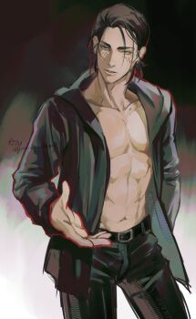 1boy abs belt black_belt black_jacket black_pants brown_hair cowboy_shot eren_yeager facial_mark highres jacket jumpsymphony looking_at_viewer male_focus medium_hair midriff navel open_clothes open_jacket outstretched_hand pants parted_lips pectorals shingeki_no_kyojin solo twitter_username updo