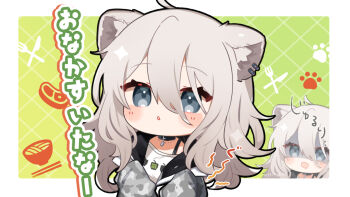 1girl :d animal_ear_piercing animal_ears black_choker blue_eyes blush choker commentary_request drooling fang green_background grey_hair grey_jacket hair_between_eyes hololive jacket jewelry kashiwase_karune lion_ears lion_girl long_hair long_sleeves mouth_drool multiple_views necklace open_mouth shirt shishiro_botan skin_fang sleeves_past_fingers sleeves_past_wrists smile translated upper_body virtual_youtuber white_shirt