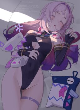 1girl anger_vein asymmetrical_gloves bare_shoulders bed_sheet black_gloves black_leotard blush braid breasts citlali_(genshin_impact) citlalin_(genshin_impact) cleavage closed_eyes commentary covered_navel facial_mark fingerless_gloves fingernails forehead_mark genshin_impact gloves highres itzpapa_(genshin_impact) leotard long_hair lying medium_breasts nail_polish on_back parted_lips pink_hair purple_nails ryoku_tyaba sleeping triangle triangle_facial_mark twin_braids uneven_gloves very_long_hair