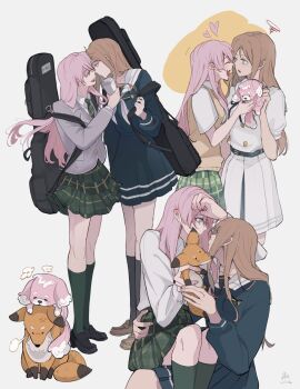 2girls bang_dream! bang_dream!_it's_mygo!!!!! black_footwear black_socks blazer blue_eyes blue_shirt blue_skirt blush breasts brown_footwear brown_hair brown_sweater_vest bunnyeiei chihaya_anon closed_eyes closed_mouth collarbone collared_shirt commentary couple cup dated disposable_cup eye_contact fang floating_hair full_body green_skirt green_socks grey_jacket haneoka_school_uniform highres holding holding_cup instrument_case instrument_on_back jacket kneehighs loafers long_hair long_sleeves looking_at_another medium_breasts multiple_girls nagasaki_soyo neckerchief open_mouth parted_lips pink_hair plaid_clothes plaid_skirt pleated_skirt sailor_collar school_uniform serafuku sharing shirt shoes short_sleeves sidelocks signature sitting sitting_on_lap sitting_on_person skirt smile socks standing sweater_vest symbol-only_commentary teeth tsukinomori_school_uniform upper_teeth_only white_neckerchief white_sailor_collar white_shirt white_skirt yuri
