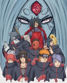 2girls 6+boys akatsuki_(naruto) akatsuki_uniform armor black_coat black_hair black_headband blonde_hair blue_eyes blue_hair brentonsart byakugan coat colored_skin commentary deidara_(naruto) ear_piercing english_commentary face_piercing flower forehead_protector frown grey_skin hair_flower hair_ornament hair_over_one_eye headband highres hoshigaki_kisame japanese_armor jewelry konan_(naruto) lip_piercing mangekyou_sharingan mask multiple_boys multiple_girls naruto_(series) naruto_shippuuden necklace nose_piercing ootsutsuki_kaguya orange_hair own_hands_together pain_(naruto) piercing ponytail red_eyes red_hair rinne_sharingan rinnegan sasori_(naruto) sharingan third_eye tobi_(naruto) tongue tongue_out uchiha_itachi uchiha_madara uchiha_obito veiny_face