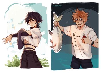 2boys animal bad_tag crop_top cross-body_stretch detached_sleeves earrings eyeliner eyeshadow fish fishnet_top fishnets genshin_impact hair_between_eyes highres holding holding_animal holding_fish ikimaru jewelry looking_at_poses_to_draw_and_(meme) makeup man_i_love_fishing_(meme) meme multiple_boys orange_hair red_eyeliner red_eyeshadow scaramouche_(genshin_impact) shorts single_earring stretching tartaglia_(genshin_impact) thumbs_up