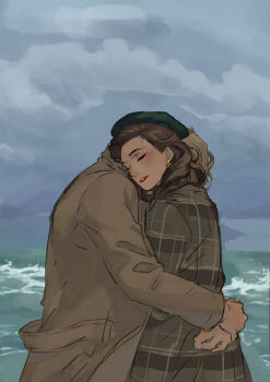 1boy 1girl ambulance00 beret blonde_hair blush brown_coat brown_hair captain_america_(series) closed_eyes cloud cloudy_sky coat day earrings green_hat hat hetero highres hug jewelry long_sleeves marvel marvel ocean outdoors peggy_carter plaid_clothes plaid_coat red_lips short_hair sky steve_rogers teeth upper_body waves