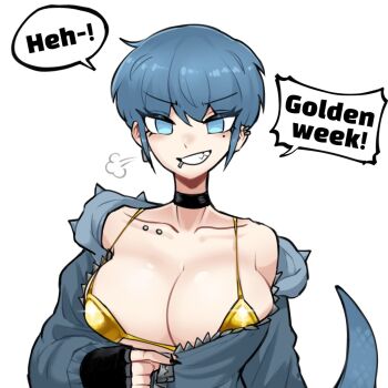 1girl bikini black_choker black_pants blue_eyes blue_hair blue_hoodie breasts choker earrings english_text gold_bikini highres hood hoodie jewelry kame-chan_(oligogi_meoggosipda) lizard_tail monster_girl oligogi_meoggosipda open_clothes pants short_hair swimsuit tail white_background