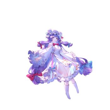 1girl alternate_costume bare_shoulders blue_bow boots bow breasts crescent crescent_hair_ornament dress full_body game_cg hair_bow hair_ornament hat highres long_hair long_sleeves looking_at_viewer mob_cap non-web_source official_art open_mouth patchouli_knowledge pink_bow purple_eyes purple_hair second-party_source see-through_clothes solo standing tabard thighs touhou touhou_gensou_eclipse transparent_background u_u_zan very_long_hair white_boots white_dress white_tabard wide_sleeves