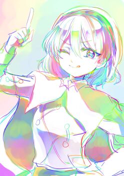 cape cloak commentary_request dress hair_between_eyes hairband hayuk0 highres iridescent multicolored_dress multicolored_eyes multicolored_hair multicolored_hairband one_eye_closed patchwork_clothes pointing pointing_up rainbow_gradient rainbow_hairband short_hair shoulder_guard tenkyuu_chimata tongue tongue_out touhou two-sided_cape two-sided_fabric white_cape white_cloak