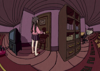 1girl ahoge bed black_hair book bookshelf braid brown_hair chair crt desk distortion door from_behind hair_ribbon long_sleeves madotsuki office_chair opening_door pantsu-ripper perspective pink_sweater pleated_skirt red_carpet red_slippers ribbon ribbon_in_braid skirt slippers solo sweater swivel_chair television third-party_source twin_braids video_game yume_nikki