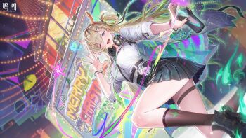 1girl absurdres black_nails black_shoes black_skirt black_socks blonde_hair blue_eyes breasts can commentary_request earrings graffiti hand_up headphones headphones_around_neck highres holding holding_can id_card jewelry logo long_hair looking_at_viewer looking_to_the_side lynae_(wuthering_waves) medium_breasts nail_polish official_art one_eye_closed open_mouth shirt shirt_tucked_in shoes skirt smile socks solo spray_can star_(symbol) star_earrings thigh_strap thighs white_shirt wuthering_waves