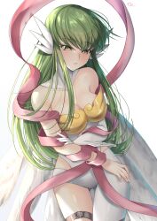 Rule 34 | 1girl, absurdres, angewomon, angewomon (cosplay), asymmetrical clothes, backlighting, bare shoulders, blush, breasts, buckle, budgiepon, c.c., cleavage, code geass, commentary request, cosplay, cowboy shot, digimon, elbow gloves, gloves, gluteal fold, grabbing own arm, green eyes, hair between eyes, highres, long hair, medium breasts, nose, parted lips, ribbon, signature, simple background, solo, straight hair, thigh gap, tsurime, very long hair, white background, yellow eyes