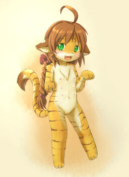 Rule 34 | 1girl, ahoge, animal ears, animal hands, barefoot, brown hair, extra breasts, fang, female focus, flat chest, furry, furry female, green eyes, hair ribbon, kagerofu, long hair, looking at viewer, extra nipples, nipples, nude, open mouth, pussy, ribbon, slit pupils, smile, solo, striped, tail, tiger, tiger ears, tiger tail