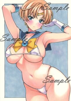 1girl bikini bishoujo_senshi_sailor_moon blonde_hair blue_eyes blush breasts circlet collarbone cowboy_shot earrings feet_out_of_frame gloves gold_circlet image_sample jewelry large_breasts looking_at_viewer miyakooo0420 navel sailor_uranus short_hair simple_background solo standing swimsuit white_bikini white_glint