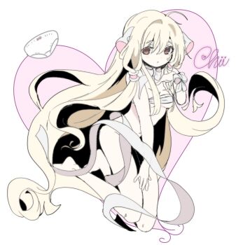 1girl absurdly_long_hair bandages blonde_hair bow bowtie breasts character_name chii chobits commentary convenient_censoring dark_skin expressionless floating floating_hair full_body hair_between_eyes hand_up heart highres humanoid_robot long_hair looking_at_viewer low_twintails naked_bandage navel nude panties parted_lips persocom robot robot_ears robot_girl shochi small_breasts solo twintails underwear very_long_hair white_bow white_bowtie white_panties wrist_bow