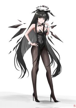 Rule 34 | 1girl, alternate costume, animal ears, arknights, black eyes, black halo, black leotard, black shoes, blush, bow, bowtie, breasts, broken halo, covered navel, dark halo, detached collar, detached wings, energy wings, fake animal ears, fishnet pantyhose, fishnets, full body, grin, halo, hand on own hip, high heels, highleg, highleg leotard, highres, hime cut, kentangbasi98, leotard, long hair, looking at viewer, pantyhose, playboy bunny, rabbit ears, shadow, shoes, simple background, small breasts, smile, solo, strapless, strapless leotard, very long hair, virtuosa (arknights), white background, wings, wrist cuffs