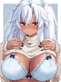 1girl alternate_costume black_nails blue_bra bra breasts brown_eyes clothes_lift crossed_bangs dark-skinned_female dark_skin grey_sweater hair_between_eyes highres huge_breasts jewelry kantai_collection lifting_own_clothes long_hair mashiro_yukiya musashi_(kancolle) musashi_kai_ni_(kancolle) ring solo sweater sweater_lift twintails underwear upper_body very_long_hair wedding_ring white_hair