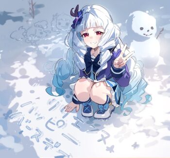 Rule 34 | > <, 1girl, :q, aikatsu!, aikatsu! (series), aikatsu stars!, blue bow, blue hair, blue socks, bow, commentary, curly hair, gradient hair, grin, hand on ground, hand up, head only, highres, knees, legs together, long sleeves, looking at viewer, multicolored hair, nekogayasan, nikaido yuzu, outdoors, purple shirt, red eyes, school uniform, shirogane lily, shirt, shoes, smile, snow, snowman, socks, solo, squatting, tongue, tongue out, translation request, twintails, v, white background, white shoes, winter, yotsuboshi academy school uniform